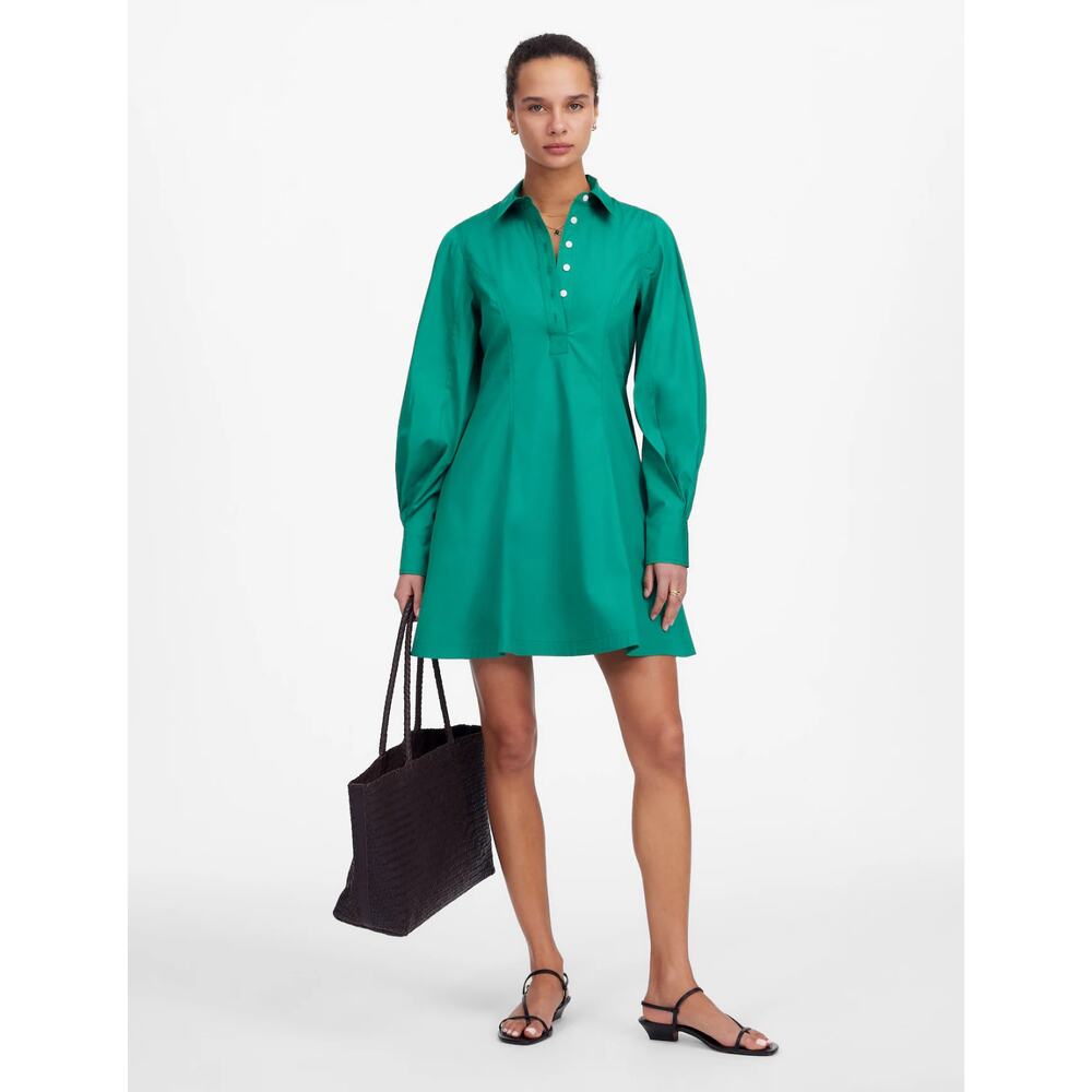 Madewell Seamed Long Sleeve Mini Shirtdress Poplin Cotton Verdant Green US 2 NWT